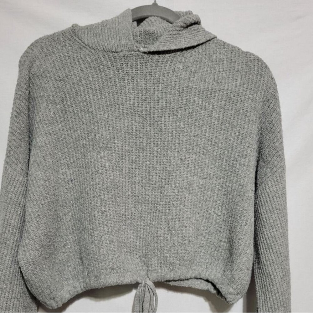 American Eagle Knit Hoodie Women Small Gray Excellent Cropped Drawstring Sweater